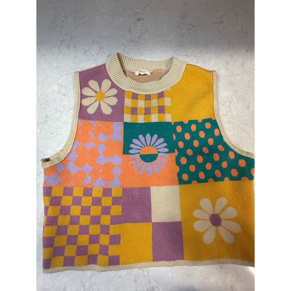 Debut Patchwork Knit Crop Sweater Vest Floral Checkered Multi-Color Retro 70's
